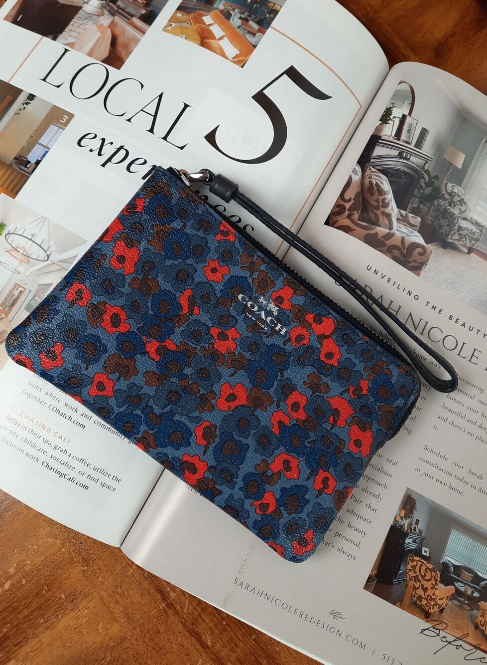 Coach Blue Red Meadow Cluster Floral Wristlet